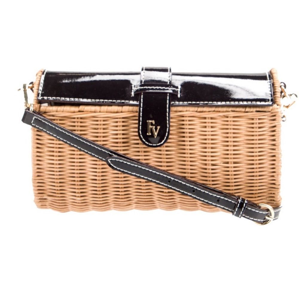 Frances Valentine Betsy Wicker Bag - black patent leather - gold hardware